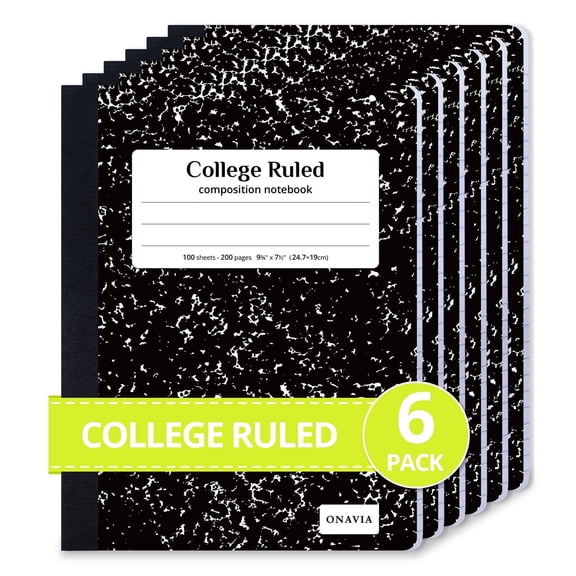 ONAVIA Composition Notebook Wide Ruled, 6 Pack, 200 Pages/100 Sheets, 9-3/4 x 7-1/5, Marble Composition Books Bulk for Students, Hard Cover, Black