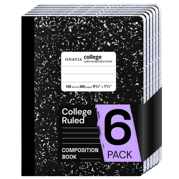 ONAVIA Composition Notebook College Ruled, 6 Pack, 200 Pages/100 Sheets, 9-3/4 x 7-1/2, Marble Composition Books Bulk for Students, Hard Cover, Black