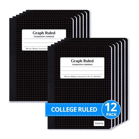 ONAVIA Composition Notebook Graph Ruled, 12 Pack, 7.5" x 9.75", 200 Pages/100 Sheets, Marble Composition Books Bulk for Students, Hard Cover, Black