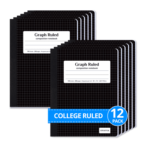 ONAVIA Composition Notebook Graph Ruled, 12 Pack, 7.5" x 9.75", 200 Pages/100 Sheets, Marble Composition Books Bulk for Students, Hard Cover, Black