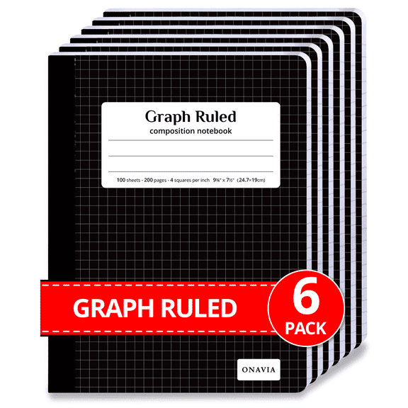 ONAVIA Composition Notebook Graph Ruled, 4 Pack, 7.5" x 9.75", 200 Pages/100 Sheets, Marble Composition Books Bulk for Students, Hard Cover, Black