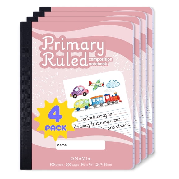 ONAVIA Primary Composition Notebook K-2, Half Page Ruled Primary Journal with Picture Space, 4 Pack, 9.75" x 7.5", Bulk Marble Notebooks for Drawing and Writing, 200 Pages (100 Sheets), Pink