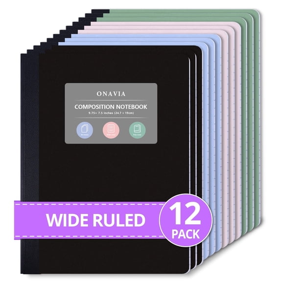 ONAVIA Composition Notebook, Wide Ruled, 12 Pack, 9.75" x 7.5", Poly Cover Composition Books Bulk, 160 Pages (80 Sheets), Sewn Binding for College & Work, Assorted Colors