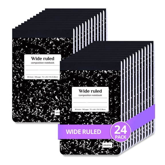 ONAVIA 24 Pack Mini Composition Notebooks Bulk, Wide Ruled, 4-7/8 x 7-1/2, Half Size Composition Books, Small Marble Journal for Class, Work & Travel, 80 Sheets, Black