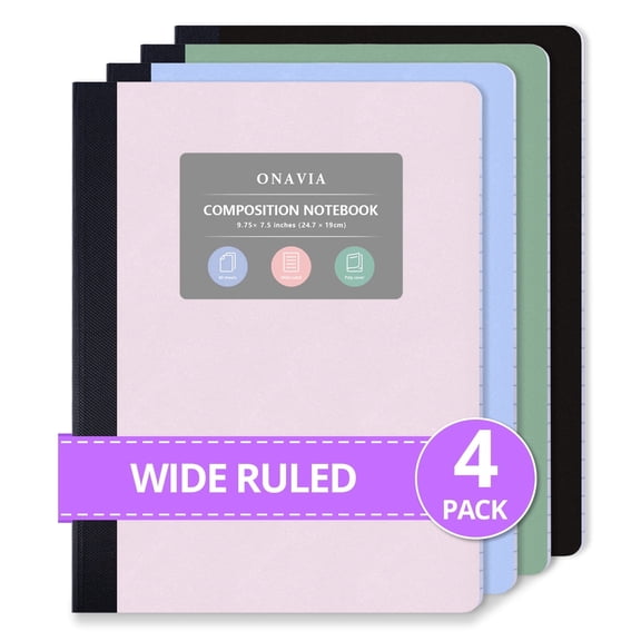 ONAVIA Composition Notebook, Wide Ruled, 4 Pack, 9.75" x 7.5", Poly Cover Composition Books Bulk, 160 Pages (80 Sheets), Sewn Binding for College & Work, Assorted Colors