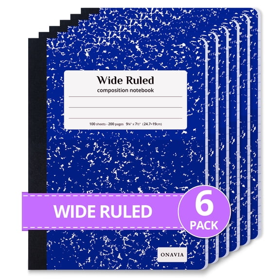 ONAVIA Composition Notebook Wide Ruled, 6 Pack, 9-3/4 x 7-1/2, Marble Composition Books Bulk for Students, 200 Pages/100 Sheets, Hard Cover, Blue