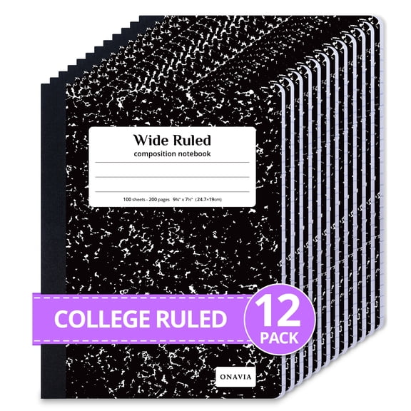ONAVIA Composition Notebook Wide Ruled, 12 Pack, 200 Pages/100 Sheets, 9-3/4 x 7-1/2, Marble Composition Books Bulk for Students, Hard Cover, Black