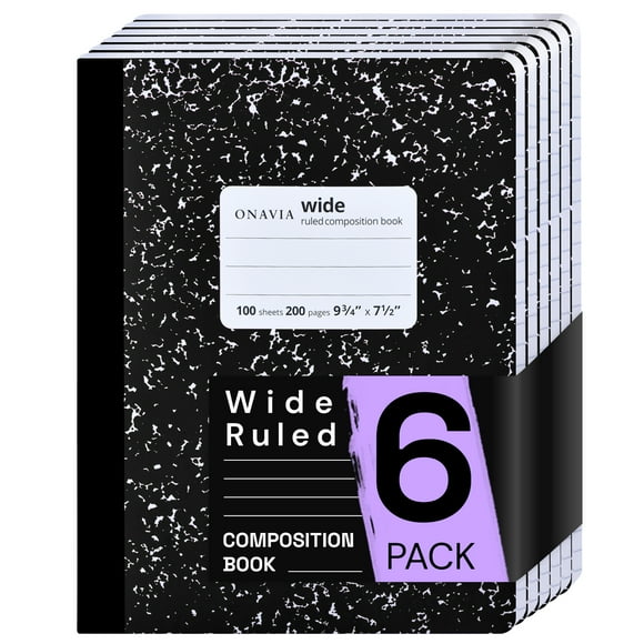 ONAVIA Composition Notebook Wide Ruled, 6 Pack, 200 Pages/100 Sheets, 9-3/4 x 7-1/3, Marble Composition Books Bulk for Students, Hard Cover, Black