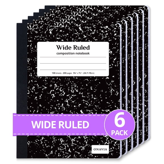 ONAVIA Composition Notebook Wide Ruled, 6 Pack, 200 Pages/100 Sheets, 9-3/4 x 7-1/3, Marble Composition Books Bulk for Students, Hard Cover, Black