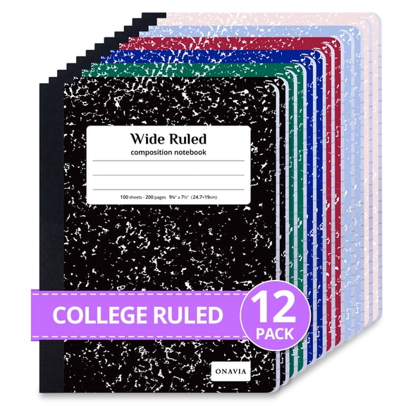 ONAVIA Composition Notebook Wide Ruled, 12 Pack, 9.75" x 7.5", 200 Pages/100 Sheets, Marble Composition Books Bulk, Hard Cover, Assorted Colors