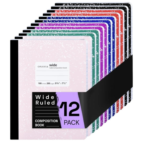 ONAVIA Composition Notebook Wide Ruled, 12 Pack, 200 Pages/100 Sheets, 9-3/4 x 7-1/2, Marble Composition Books Bulk for Students, Hard Cover, Assorted Colors