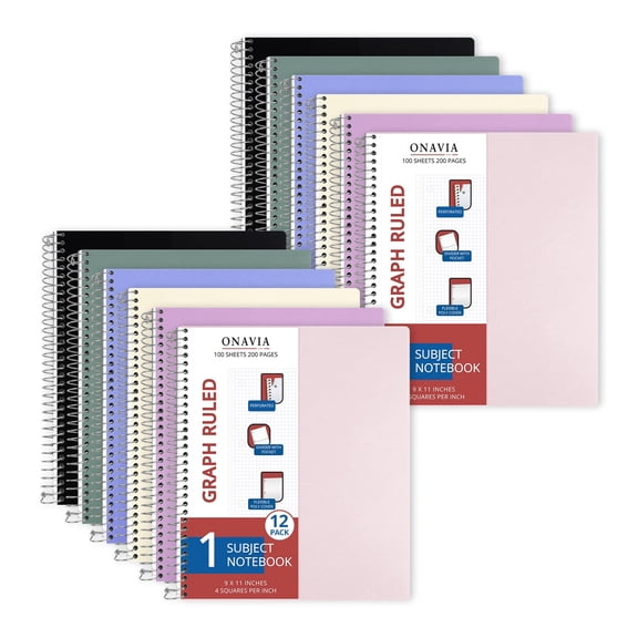 ONAVIA Graph Notebook, 1-Subject Spiral Notebook with Pocket, 4x4 Grid Ruled, 12 Pack, 9" x 11", Poly Cover, 3 Hole Punched for Math, Science & Engineering, 100 Sheets, Assorted Colors