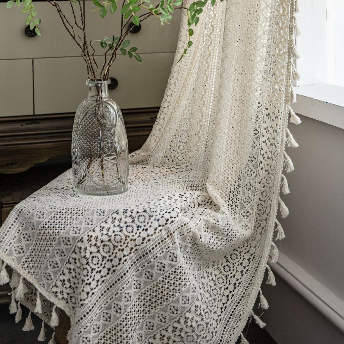 ONAVIA Lace Curtains, Farmhouse Crocheted Curtains Vintage Geometric Lace Drapes 63 inches Length, Boho Beige Rod Pocket Drapes Tassel Macrame Curtains for Kitchen, Bedroom, Living Room