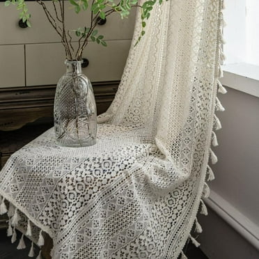 ONAVIA Lace Curtains, Farmhouse Crocheted Curtains Vintage Geometric Lace Drapes 63 inches Length, Boho Beige Rod Pocket Drapes Tassel Macrame Curtains for Kitchen, Bedroom, Living Room