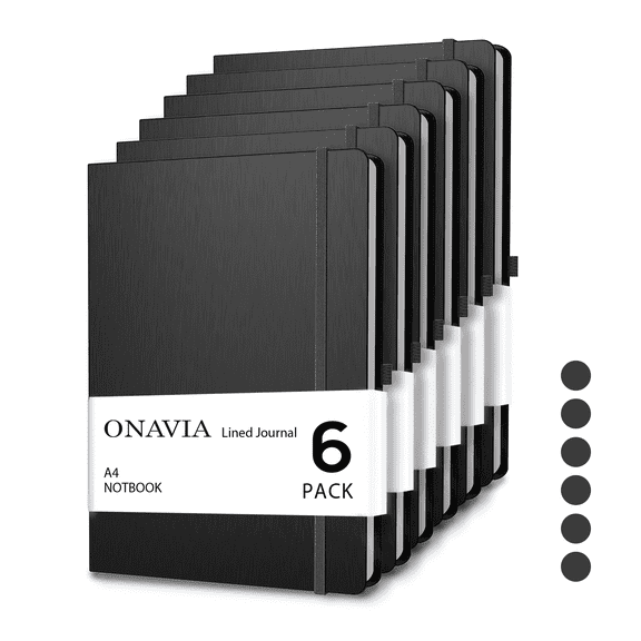 ONAVIA Lined Journal Notebook 6 pack, A4-8.27" x 11.6", 8mm Notebooks College Ruled, Hardcover Notepad for Journaling, Work, School and Gift, 160 Pages, Black