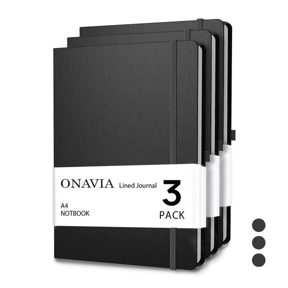 ONAVIA Lined Journal Notebook 3 pack, A4-8.27" x 11.6", 8mm Notebooks College Ruled, Hardcover Notepad for Journaling, Work, School and Gift, 160 Pages, Black