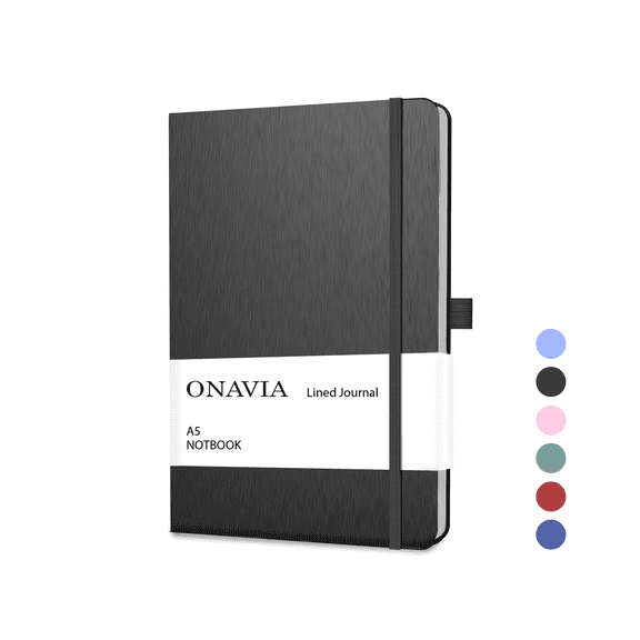 ONAVIA Lined Journal Notebook, 5.79" x 8.3", A5 Hardcover with No Bleed Paper & Lay-Flat Design, 7mm College Ruled 160 Pages for Writing, Note Taking, Journaling, Work, Black