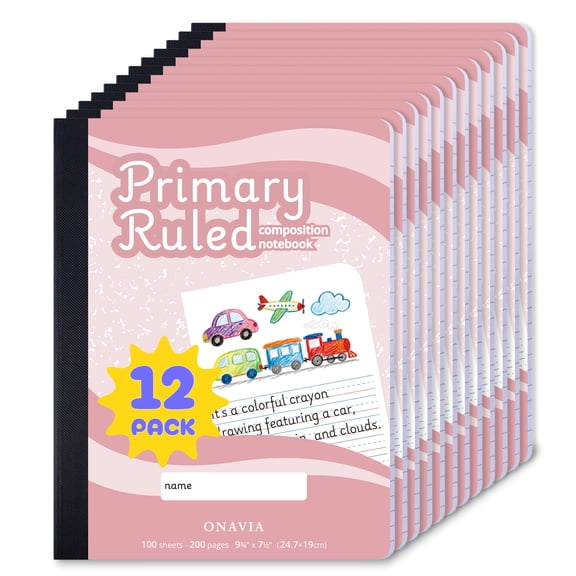 ONAVIA Primary Composition Notebook K-2, Half Page Ruled Primary Journal with Picture Space, 12 Pack, 9.75" x 7.5", Bulk Marble Notebooks for Drawing and Writing, 200 Pages (100 Sheets), Pink