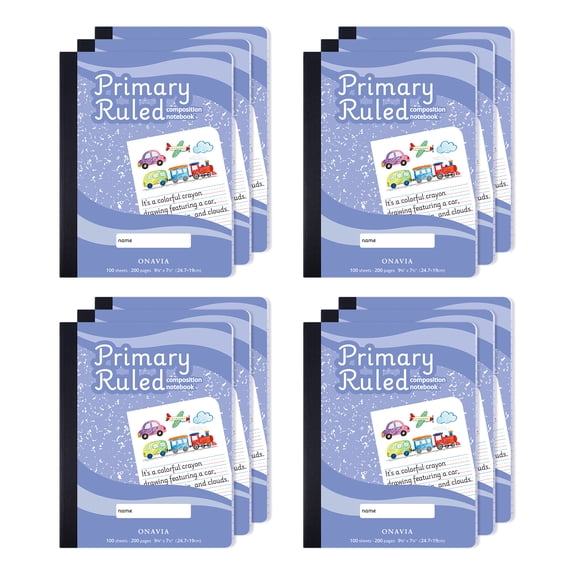 ONAVIA Primary Composition Notebook K-2, Half Page Ruled Primary Journal with Picture Space, 12 Pack, 9.75" x 7.5", Bulk Marble Notebooks for Drawing and Writing, 200 Pages (100 Sheets), Cornflower