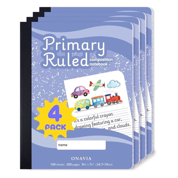 ONAVIA Primary Composition Notebook K-2, Half Page Ruled Primary Journal with Picture Space, 4 Pack, 9.75" x 7.5", Bulk Marble Notebooks for Drawing and Writing, 200 Pages (100 Sheets), Cornflower