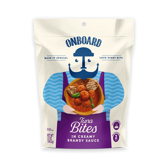 ONBOARD Yellowfin Tuna Bites in Creamy Brandy Sauce, 12 oz Pouch, Nuts and Soy Free, Contains: Egg, Fish (Tuna), Milk, Wheat