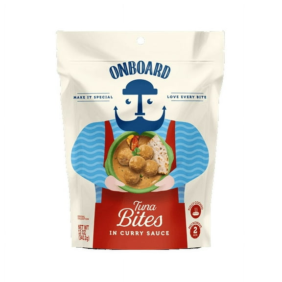 ONBOARD Yellowfin Tuna Bites in Curry Sauce - 12 oz Pouch - Nuts and Soy Free - Contains Coconut, Egg, Fish (Tuna), Shrimp, Wheat