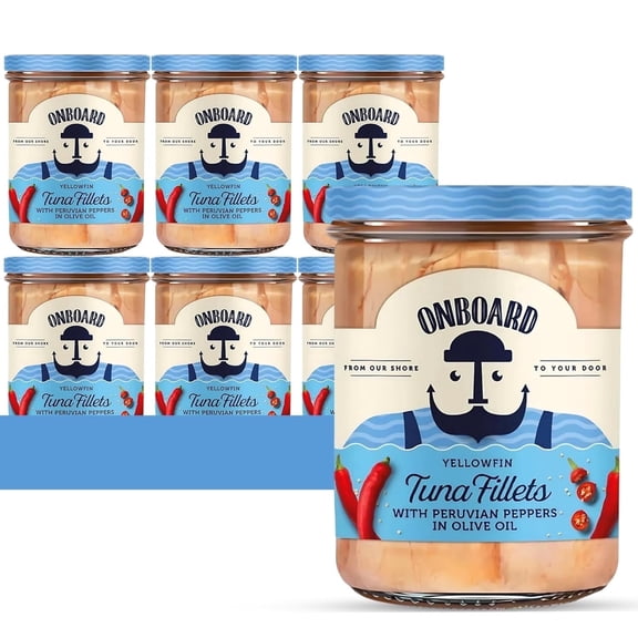 ONBOARD Yellowfin Tuna Fillets in Peruvian Peppers, High Protein Jarred Tuna, 6 Pack