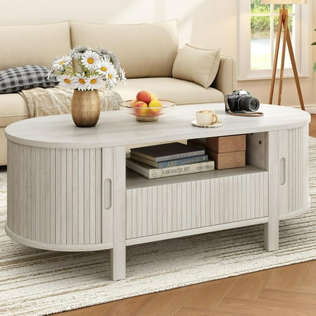ONBRILL 47.2 Inch Oval Coffee Table with Storage, Mid Century Modern Coffee Table with Drawer, Center Table with Sliding Door and Wood Fluted Handle for Living Room, Natural White