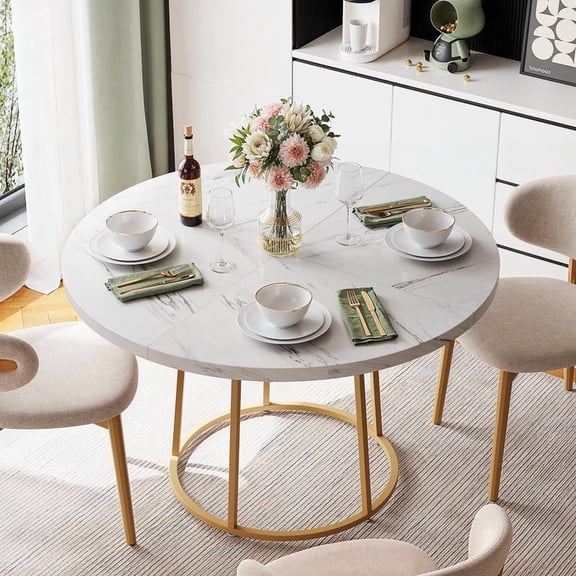 ROGALIS 47.24" Round Dining Table, Wooden Faux Marble with Gold Base for Home Dining Room Kitchen Restaurant