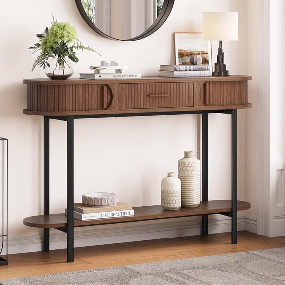 ONBRILL 47 Inch Fluted Console Table with Drawers, Entryway Table with Storage, Oval Sofa Tables Behind Couch, Mid-Century Modern Hallway Tables for Entryway, Hallway, Small Spaces, Walnut