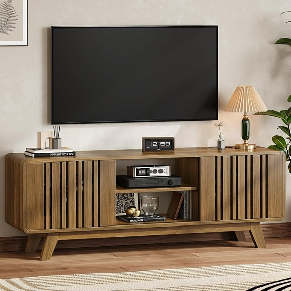ONBRILL 63-Inch TV Stand for TVs up to 75 Inch, Mid-Century Modern Television Stand with Power Outlet, Entertainment Center with Sliding Grille Door Cabinets and Open Shelves for Living Room, Oak