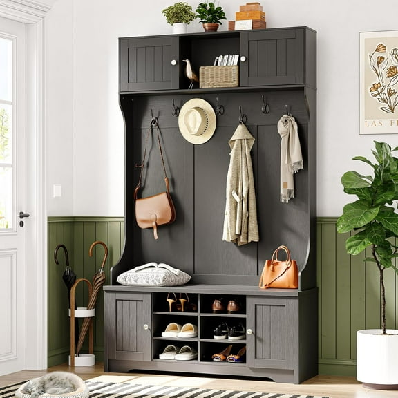 ONBRILL 78.7" Hall Tree with Bench and Shoe Storage, Entryway Bench with Coat Rack, 10 Shoe Cubbies with Adjustable Shelves & 7 Coat Hooks for Hallway, Entryway, Black