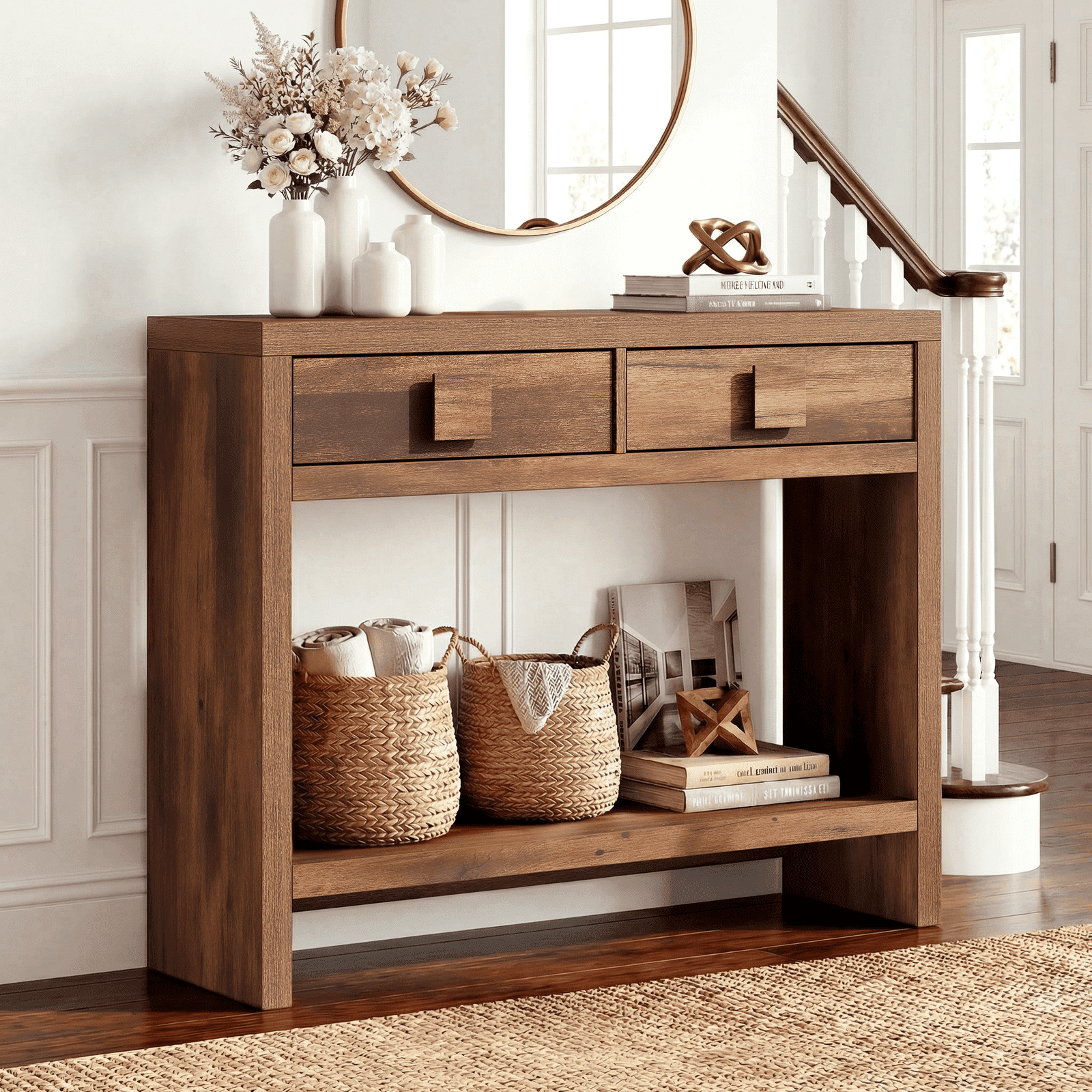 ROGALIS Console Table with Drawers, 40 Inch Narrow Entryway Table with Open Storage Shelves for Living Room