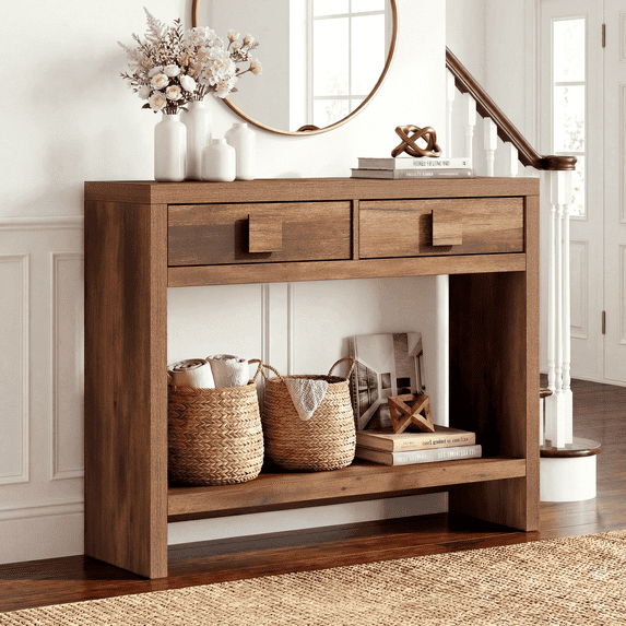 ROGALIS Console Table with Drawers, 40 Inch Narrow Entryway Table with Open Storage Shelves for Living Room