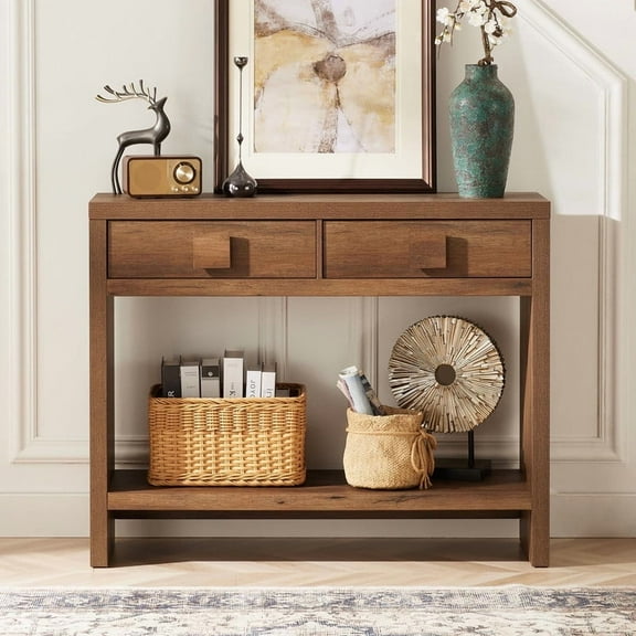 ONBRILL Console Table with Drawers, 40 Inch Narrow Entryway Table with Open Storage Shelves for Living Room