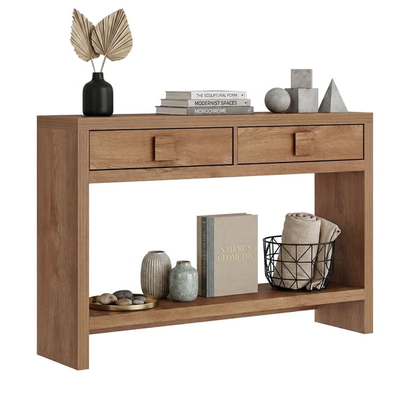 ROGALIS Console Table with Drawers, 47 Inch Narrow Entryway Table with Open Storage Shelves for Living Room