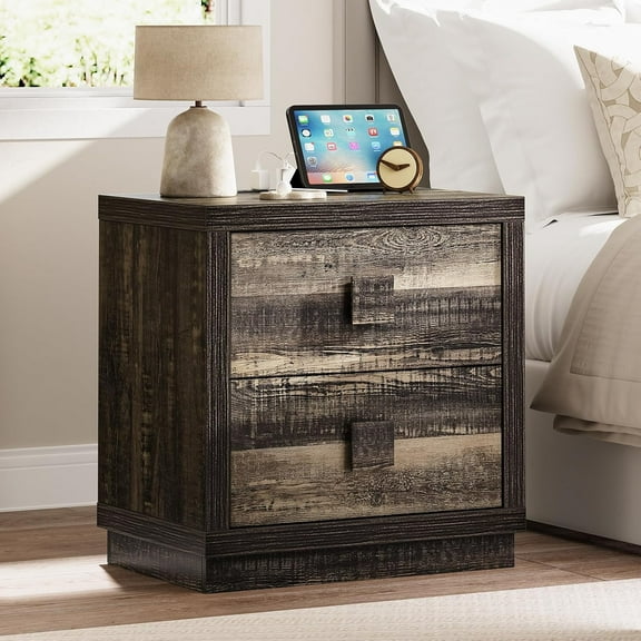 ONBRILL Cube Series Night Stand, 23.4 Inch Large Nightstand with Charger Station & 2 Drawers, Wood Bedside Table End Tables for Bedroom, 1.5 Inch Thickened Frame Design, Dark Rustic Oak