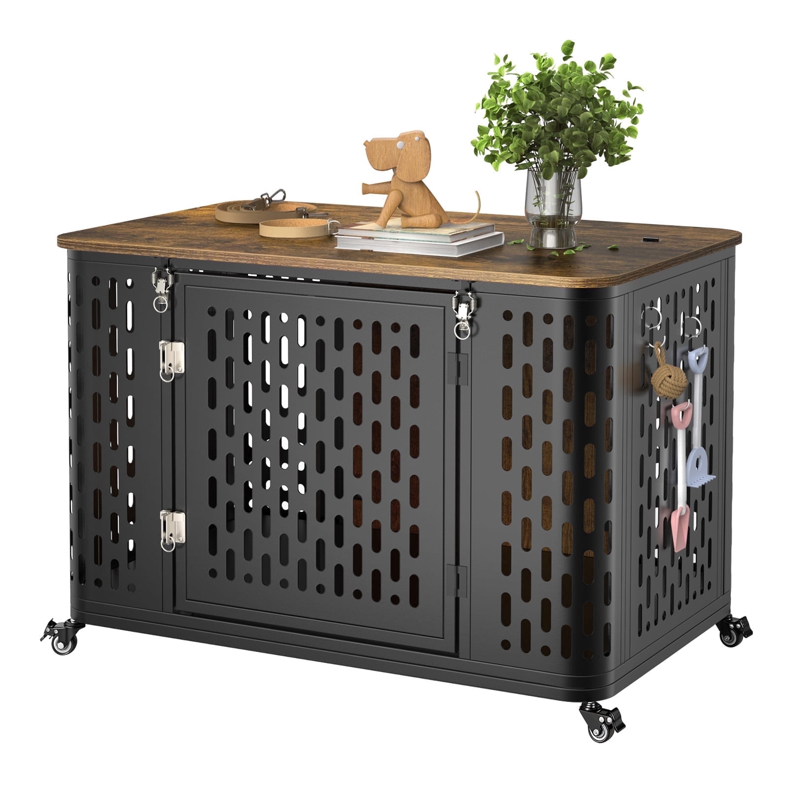 ROGALIS Dog Crate with Cushion, 38" Wood Heavy Duty Dog Crate Furniture with Flip Top & Wheels