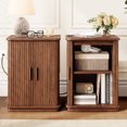 thumbnail image 1 of ONBRILL End Table with Charging Station, Square Side Table with Sliding Door & Storage, Mid-Century Modern Nightstand for Living Room, Bedroom, Walnut(1 Pc), 1 of 9