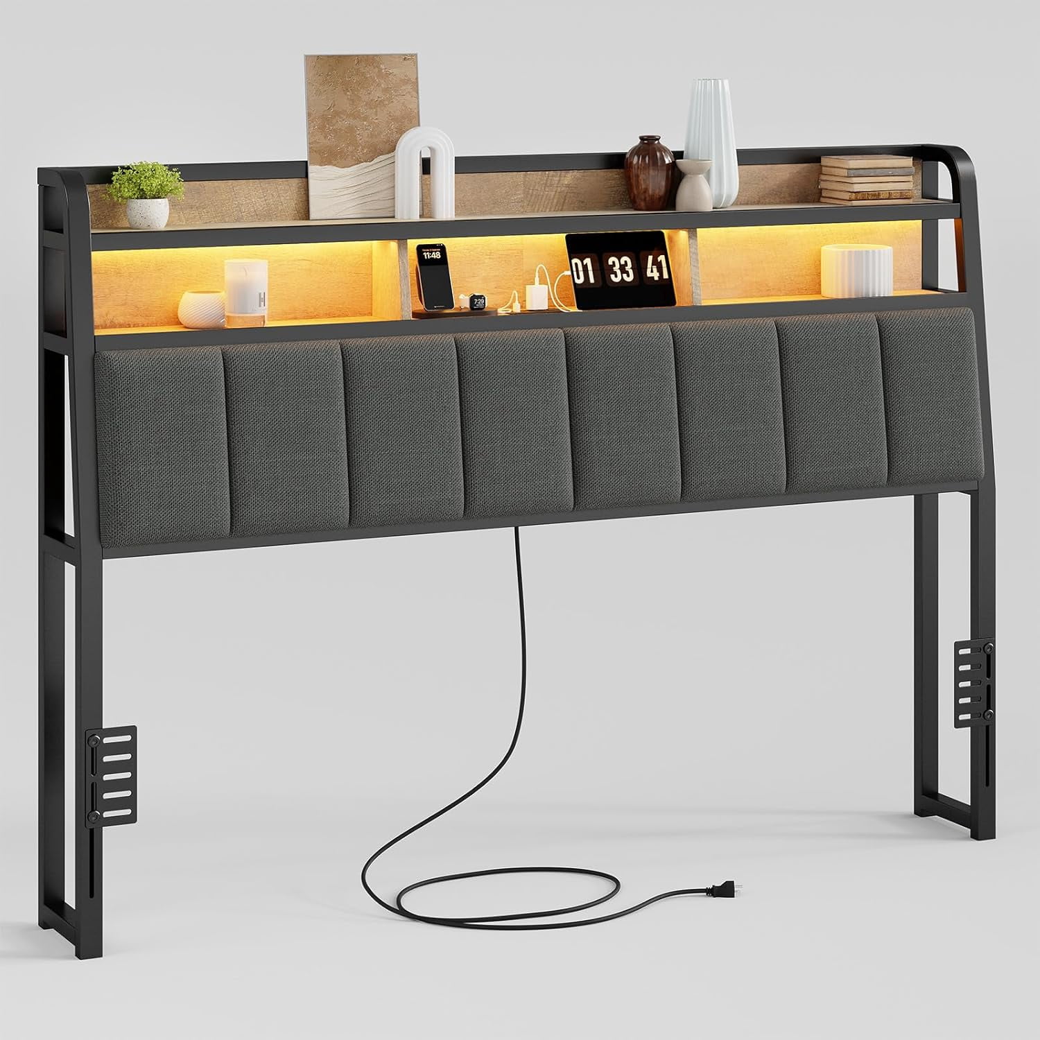 King Size Headboard With Charging Station & LED Lights - Ergonomic Design With Storage - View #5