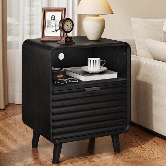 ONBRILL Fluted End Table with Charging Station, Mid Century Curved Bedside Table with Drawer & Open Cubby Storage, Modern Nightstand for Living Room, Bedroom, Entryway, Black(1-Pack)