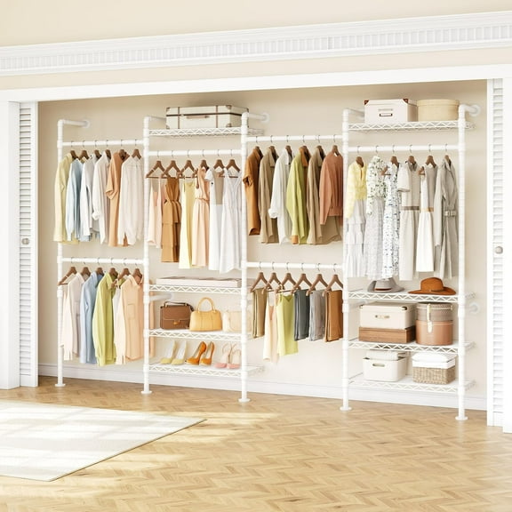 ONBRILL H4 Wall Mounted Closet System, Expandable Industrial Pipe Clothes Rack Clothing Rack for Hanging Clothes, Heavy Duty Closet Organizers and Storage in Wardrobe Closet - White