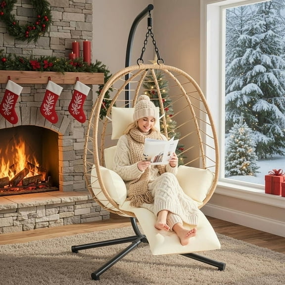 ONBRILL Hanging Egg Chair w/Adjustable Footrest, Wicker Rattan Swing Hammock Chair w/Cushion for Outdoor & Indoor Patio, Deck, Bedroom, Balcony