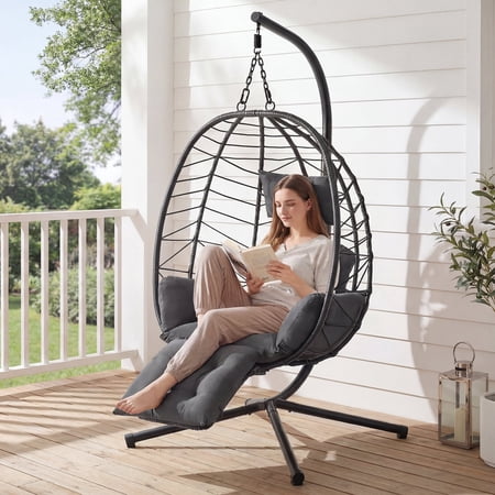 ROGALIS Hanging Egg Chair w/Adjustable Footrest, Wicker Rattan Swing Hammock Chair w/Cushion for Outdoor & Indoor Patio, Deck, Bedroom, Balcony