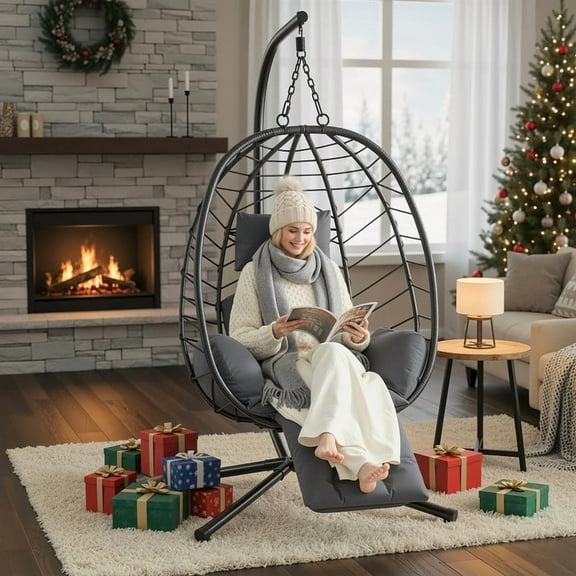 ONBRILL Hanging Egg Chair w/Adjustable Footrest, Wicker Rattan Swing Hammock Chair w/Cushion for Outdoor & Indoor Patio, Deck, Bedroom, Balcony