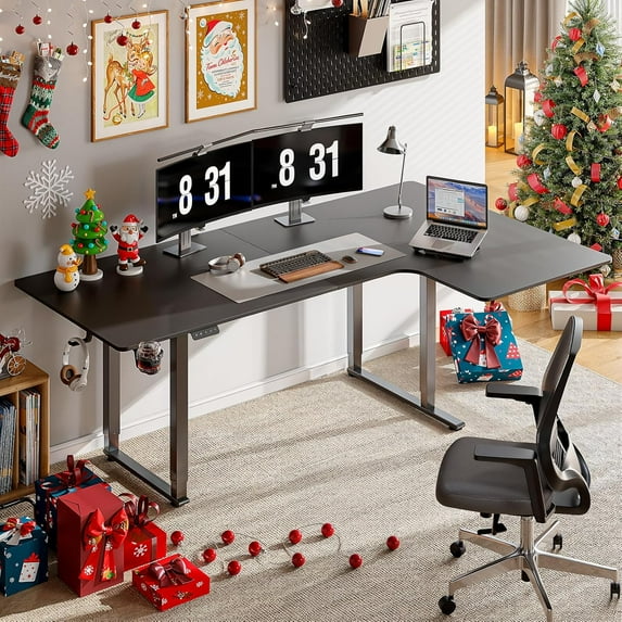 ONBRILL L Shaped Standing Desk, 71x43 Inches Electric L Stand Up Desk with 4 Legs, Dual Motor and Memory Controller, Adjustable Height from 28-46 Inches for Home and Computer Workstation, Black