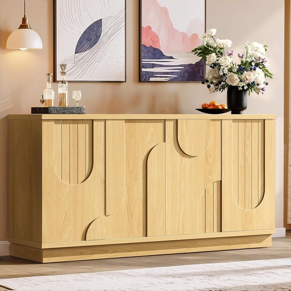 ONBRILL Modern 59" Sideboard Buffet Cabinet with Storage, Arched Finish Credenza Storage Cabinet, Coffee Bar Console Table with 4 Doors and Adjustable Shelves for Living Room, Hallway, Natural Oak