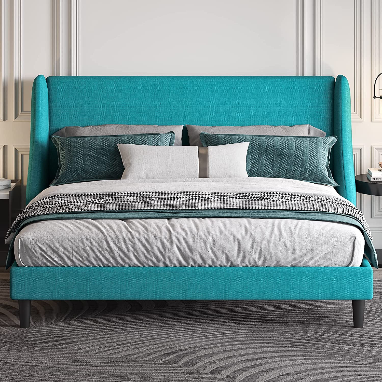 ONBRILL Queen Size Wingback Upholstered Platform Bed Frame No Box