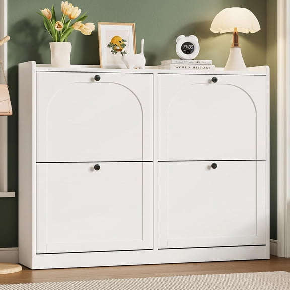 ONBRILL Shoe Cabinet with 4 Flip Drawers, Freestanding Ultra Slim Hidden Shoe Organizer with Classic Arched Pattern, 16-24 Pairs Shoe Storage Cabinet for Entryway Hallway Living Room (White)