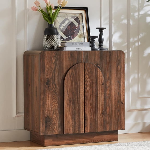 ONBRILL Sideboard Buffet Cabinet with Storage, Farmhouse Curved Design Accent Cabinet with Doors & Adjustable Shelves, Modern Coffee Bar Credenza for Living Room, Kitchen, Hallway (Walnut, 31.5")
